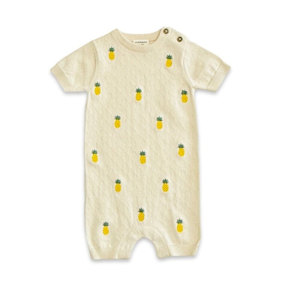 Ivory Pineapple Knit Short-Sleeve Romper - Kids One Piece